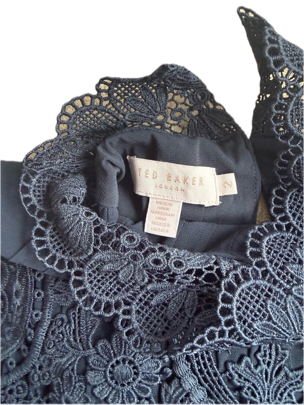 TED BAKER Lace-Yoke High Neck Blouse - Navy With Gold Button - Picture 8 of 11